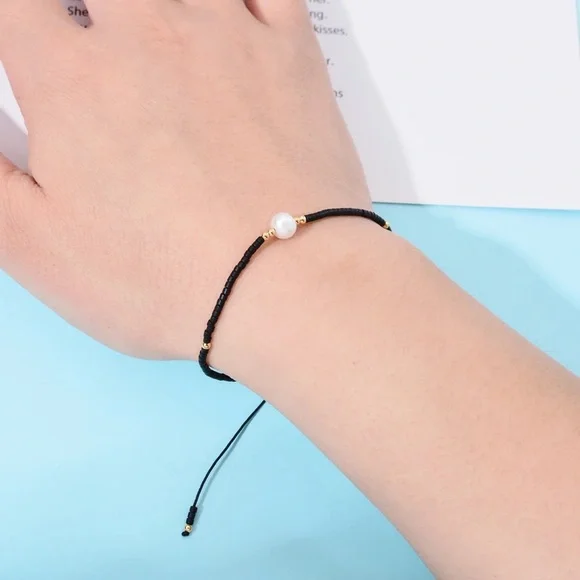 Natural Pearl Bracelet for Women,Handmade Black Glass Stone Bracelets,Adjustable - Picture 3 of 4